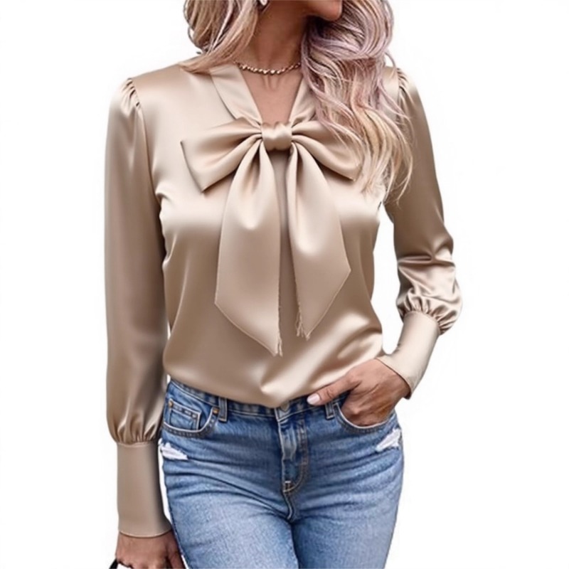 Satin Bow Tie - Blusa de Satén para Mujer, Color