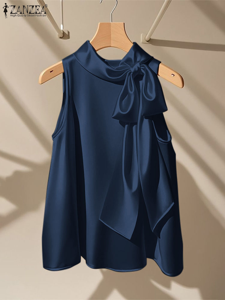 Satin Bow Tie - ZANZEA Blusas elegantes con pajarita, Blusas